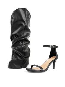 Women's Slouchy Knee High Heels Slouched Ruched Stiletto Helled Sandals Round Open Toe Pull On Boots For Music Festival Concert, Dress Shoes - 黑色 - 查看 3