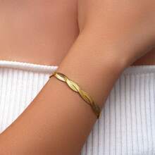 MONALLY 1pc 18K Gold Plated Stainless Steel Jewelry, Fashion Woven Blade Chain Bracelet, Luxury Accessory For Women, Valentine's Day Gift For Girlfriend - Chain Bracelet - View 5