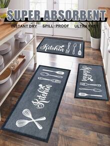 1 pieza Alfombra de cocina con estampado de cubiertos y letras, material de fibra de poliéster de estilo moderno, rectangular antideslizante y duradera, adecuada para la entrada, la cocina, la sala de estar y la decoración del dormitorio - Gris Oscuro - Ver 12
