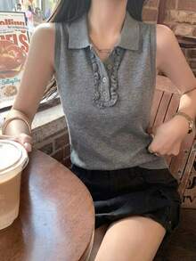 Top sin mangas de punto con cuello polo vintage, estilizado y de ajuste ceñido - Gris - Ver 1