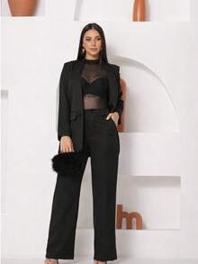 Elegant Women's Tailored Suit With Blazer And Wide-Leg Trousers For Work, Casual, Party, Fabric, Pocket, Button, Zipper. Blazer And Wide-Leg Trousers Set For Baby Shower, Formal Office And Evening, Spring, Autumn. - 黑色 - 查看 2