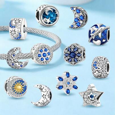 1Pc Blue Star Moon Universe Bead Fit For Women Bracelets Bangles DIY Jewelry Making And Daily Outfit Matching Jewelry Decoration For Girls