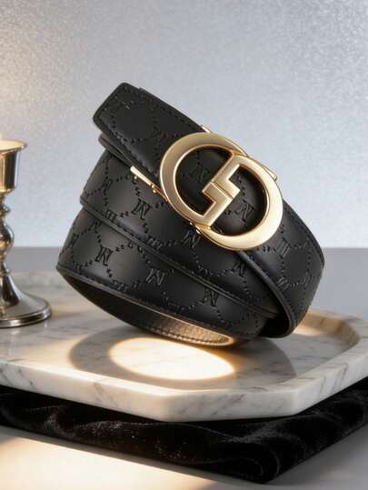 男士字母印花皮带，合金字母自动扣PU皮带，适合日常休闲穿着，长度120厘米可裁剪，多种颜色可选，是馈赠佳品。