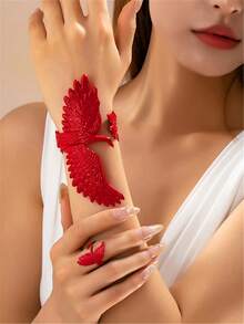 Juego de 2 piezas/3 piezas de joyería, nuevo conjunto de pulsera, anillo, collar y aretes de moda con diseño de pavo real y fénix para bodas, elegante y delicado juego de joyería de metal dorado/plateado ajustable para mujeres - Amarillo Oro - Ver 3