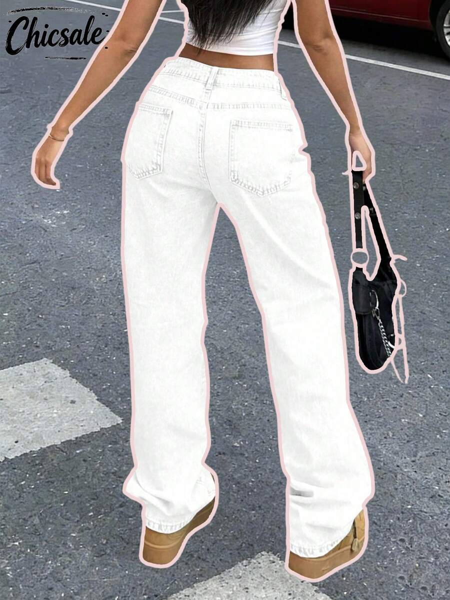 Jeans de pierna ancha de unicolor lavado para mujer, adecuados para uso diario primaveral blanco