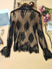 Camiseta interior de manga larga con cuello de encaje estilo princesa elegante para mujer, blusa transparente de encaje de unicolor para uso diario y citas - Negro - Ver 7