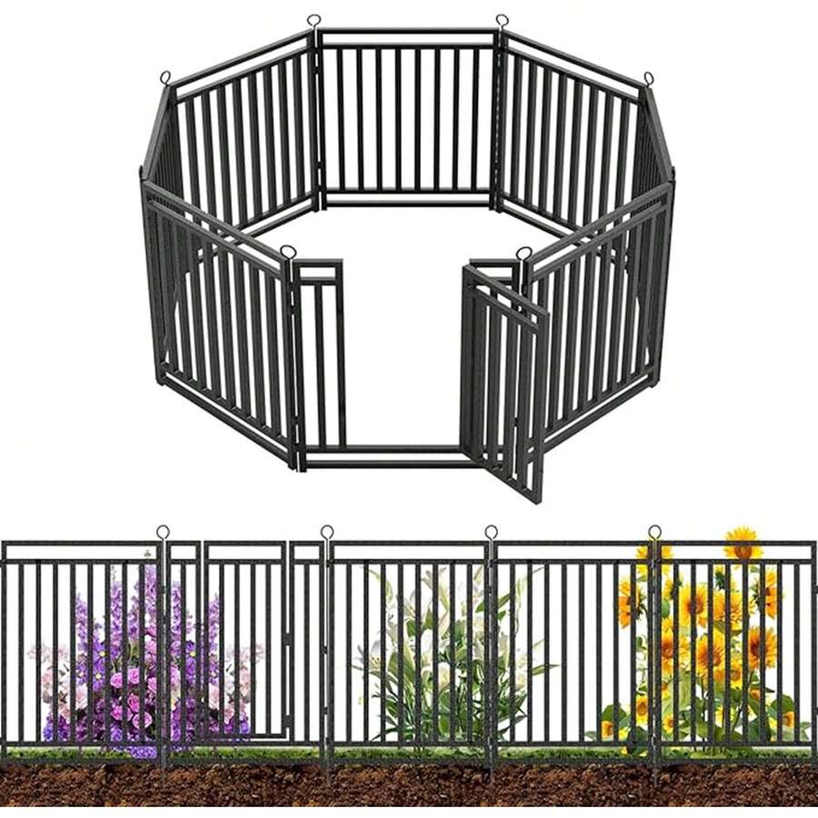 Decorative Garden Fence Metal Dog Fence Outdoor For Yard, 18ft (L) * 32in (H), 7 Panels + 1 Gate, Heavy Duty Animal Barrier Fencing For Patio & Flower Bed, No Dig, Black-Silver - 1件黑色 - 查看 1