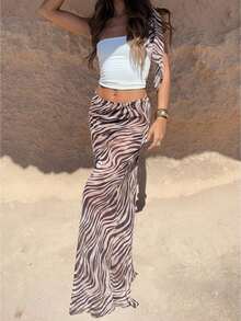 Women Sheer Mesh Skirts Y2K Floral Bodycon Long Cover Up Skirt Leopard Print See Through Beach Maxi Skirts - 棕色 - 查看 1