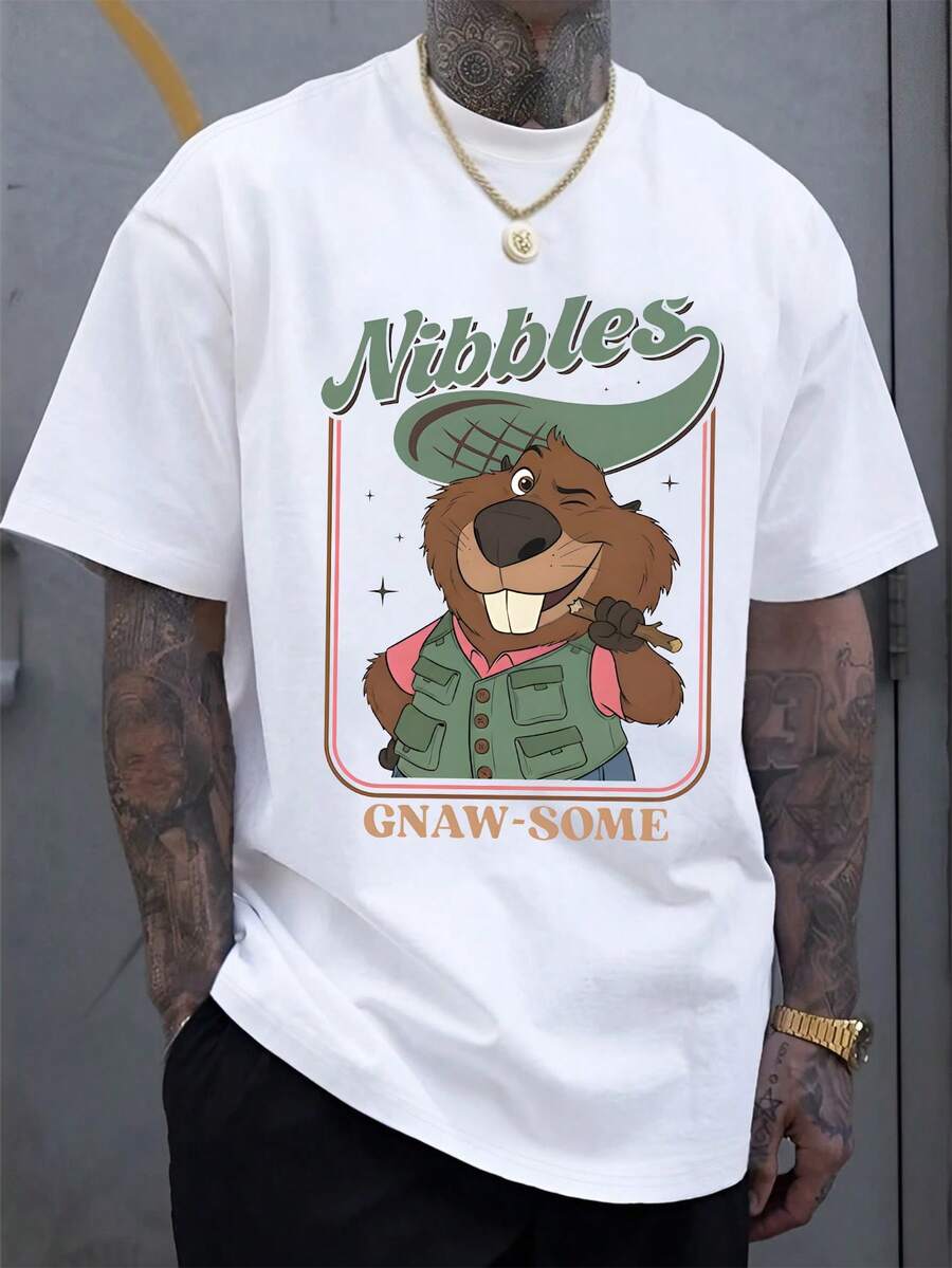 Disney Men's Casual T-Shirt, Zootopia Nibbles The Beaver Print, "Gnaw-Some" Slogan, Soft Fabric, Perfect For Cartoon Enthusiasts - White - View 1