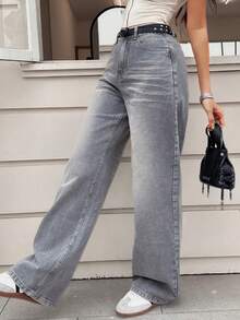 Jeans de cintura alta y pierna recta para mujer, ropa casual y versátil para la calle - Gris - Ver 7