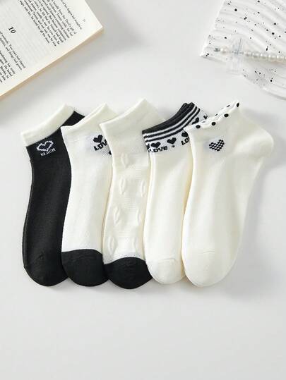 5 Pairs Women's Black & White Heart Letter Minimalist Mesh Breathable Cute Ankle Socks, Suitable For Sneakers, Comfortable & Soft, Suitable For Daily Casual Sports, All Seasons