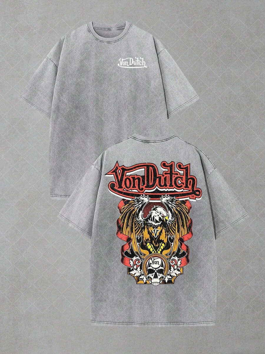 Van Dutch Eagle Skull Badge Graphic Men's Vintage Washed Oversized Crew Neck Short Sleeve T-Shirt - Lightweight Comfort Cotton For Daily Casual & Punk Outfits,  Gift For Gothic Fans, Camisas Para Hombre, Oversized Mens Shirt - Xám - Xem 1