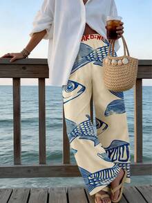 Conjunto de primavera/verano para vacaciones de mujer, pantalones con detalles de bolsillo y estampado de escamas de pez, de estilo bohemio, cómodos y de moda - Beis - Ver 7