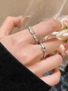 Bộ 2 chiếc nhẫn bạc tối giản đính đá Zirconia tổng hợp, có thể điều chỉnh kích cỡ, sang trọng, thanh lịch, phù hợp cho tiệc cocktail, đám cưới và đeo hàng ngày dành cho nữ. - Bạc - Xem 3