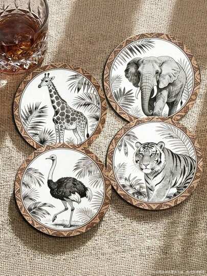 4/1pc Vintage Jungle Wild Animal Wooden Coasters, Featuring Elephant, Giraffe, Tiger, Ostrich Pattern Design Drink Coasters, Cup Mats, Home Decor, Holiday & Party Supplies