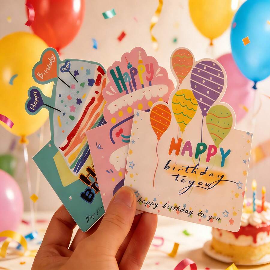 10 chiếc thiệp sinh nhật pop-up dễ thương, thiết kế bánh kem và bóng bay hoạt hình, thích hợp để viết lời chúc tay, làm quà tặng nhỏ cho tiệc sinh nhật trẻ em. - Nhiều màu - Xem 1