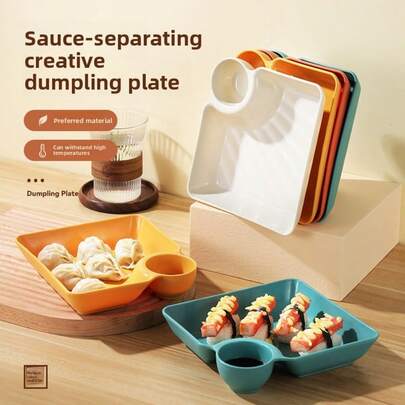 1pc Dumpling Plate With Vinegar Dish, Square Shaped Creative Snack Plate, Dumpling Plate And Dipping Sauce Dish For Home Use