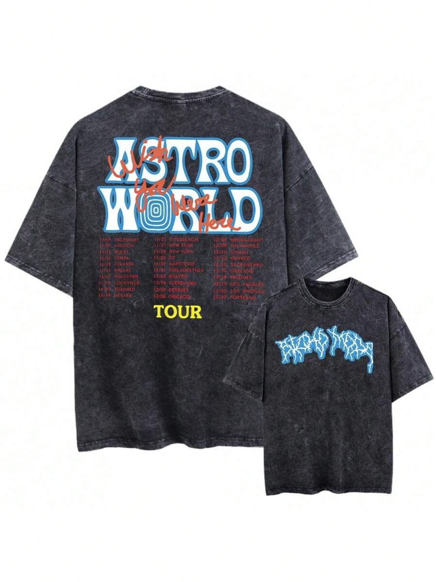 Unisex Vintage Washed Loose Black T-Shirt Short-Sleeve Top, Unisex Astro World Tour Themed Printed Shirt, 100% Cotton Oversized Hip-Hop Washed Tee,  Pattern Short-Sleeve Gift Style "Mom I Can Fly" K39, Men's Shirts, Men's Clothing, Summer Outfits, Summer Tops, Graphic Tee, St. Patrick's Day Outfit, Easter Outfits, Spring Clothing - 黑色 - 查看 1