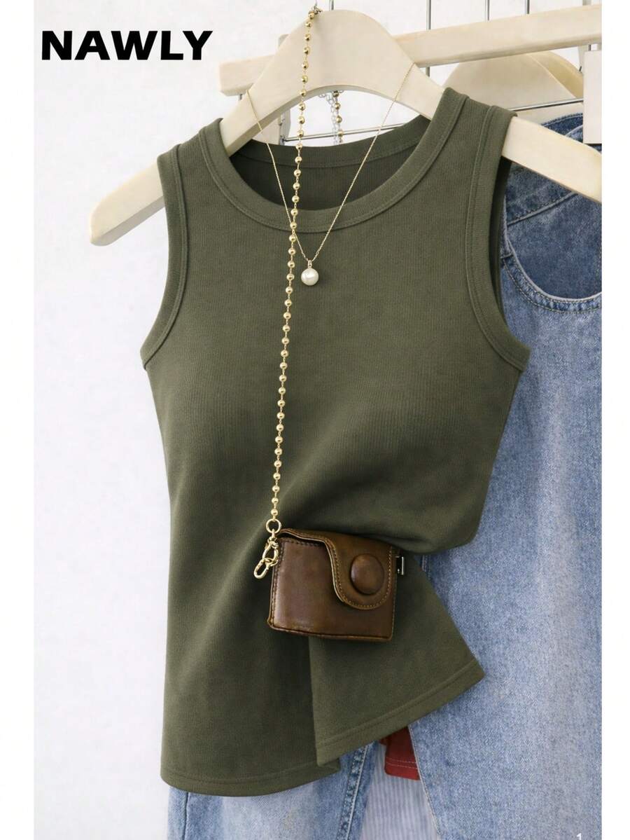 Women's Plain Basic Ribbed Cotton Tank Top, American Style, Summer Blogger Style, Cotton - MÀU XANH LÁ CÂY QUÂN ĐỘI TRƠN - Xem 1