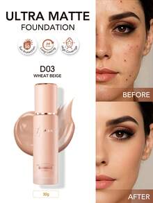 HEXZE 超持久柔雾防晒粉底液 SPF 39 PA+++，蕴含维生素E，高遮瑕，轻盈持久，保湿防晒，适合日常使用，新手友好，D03 浅米色，适合中等至橄榄肤色 - D03 Wheat Beige - 查看 2