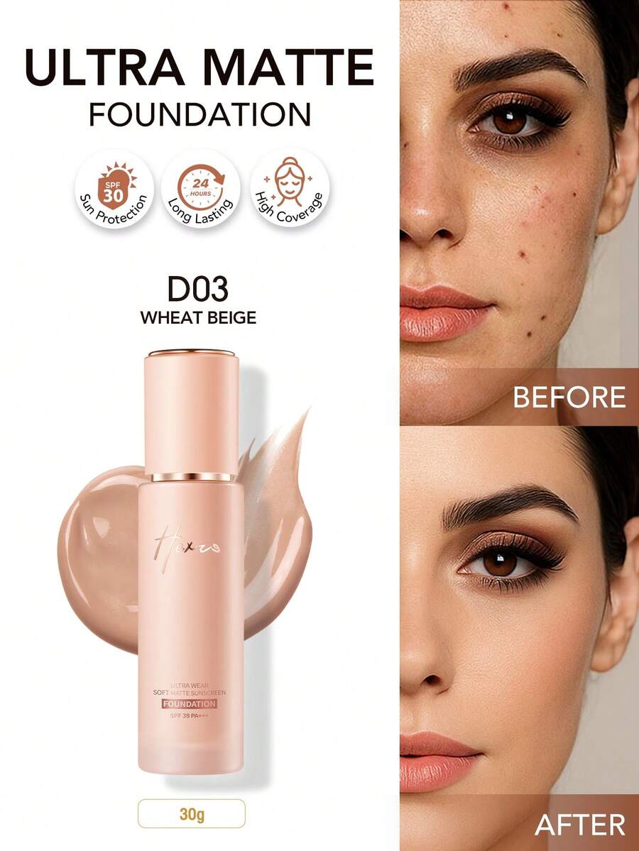 HEXZE 超持久柔雾防晒粉底液 SPF 39 PA+++，蕴含维生素E，高遮瑕，轻盈持久，保湿防晒，适合日常使用，新手友好，D03 浅米色，适合中等至橄榄肤色