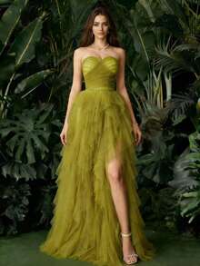 法式网纱轻盈飘逸派对礼服，优雅无肩带公主裙，适合生日、舞会等场合，魅力四射，性感迷人 - 橄欖綠 - 查看 1