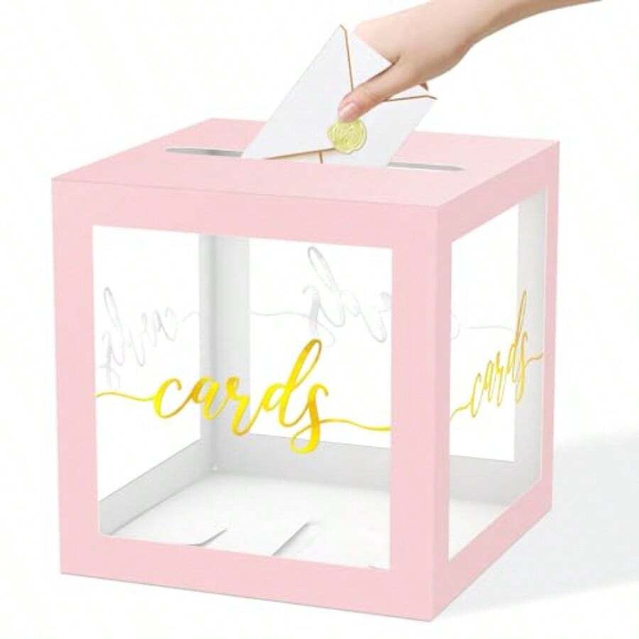 Clear Card Box For Party 8.7" Gold Foil Gift Cards Receiving Box Holder For Wedding Bridal Shower Graduation Birthday Retirement  Shower Anniversaries Party Decorations Pink - Clear Pink Gold - View 1