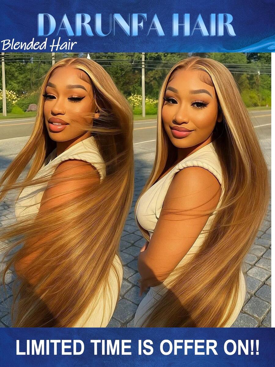 34 Inch 200% Density Highlight Ombre 13*4 Lace Front Wig Blended Human Hair With Baby Hair, No Glue Needed, Heat Resistant & Breathable, Synthetic Fiber Material, Natural Hairline, Free Parting, Suitable For Party And Daily Wear - SP4/27 - View 1