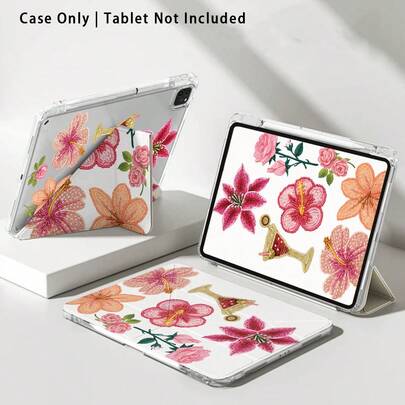 1pc Floral Painted Acrylic Crystal Tablet Protective Case With Stand, Compatible With Samsung, Honor, Apple And Other Brands, Foldable Anti-Bend, Silicone Reinforced Corners, Auto Wake/Sleep, Built-In Pen Slot, Multi-Angle Adjustable Stand - Perfect Daily Protection, Ideal Gift