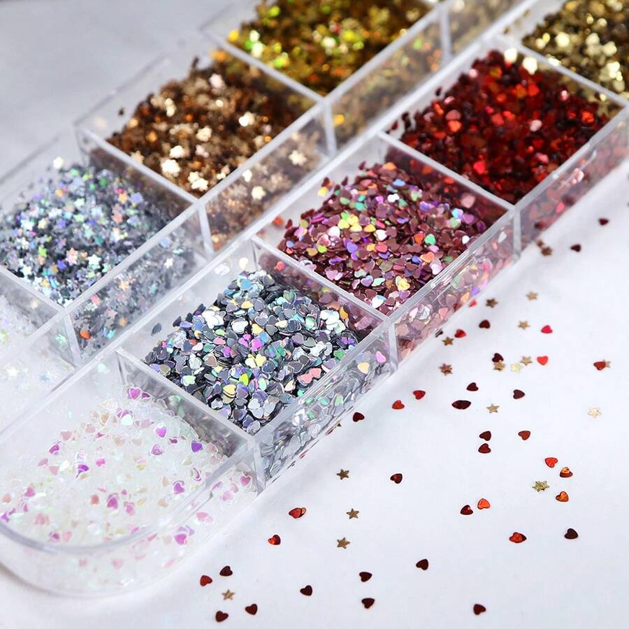 Khuôn nhựa epoxy hình ngôi sao và trái tim lấp lánh laser ba chiều 12 chiếc/hộp, có thể đổ đầy sequin hình ngôi sao năm cánh và trái tim 1mm để làm móc khóa, mặt dây chuyền DIY. - Nhiều màu - Xem 1