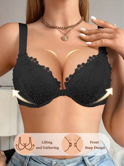 女士黑色蕾丝前扣支撑文胸 - 舒适提拉