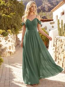 EVERPRETTY Elegante vestido de dama de honor de unicolor con cuello en V, fruncido, plisado y aplicaciones en verde, adecuado para bodas, cumpleaños, eventos formales, fiestas y talla grande, Día de San Valentín - Verde Oliva - Ver 2