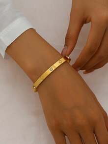 1pc Luxury Rhinestone Clover Element Stainless Steel Bracelet, Fashionable & Exquisite Women Jewelry - Bracelet - View 2