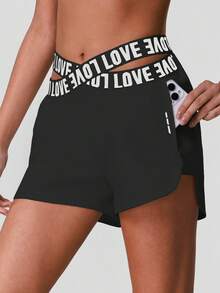 Sodalemon Shorts de treino femininos com cinto na cintura, bolsos laterais, cós elástico, modelagem solta, camada dupla, ideais para esportes, ioga e atividades ao ar livre. - Preto - Ver 6