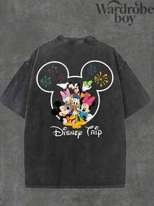 Disney Printed Wash Water T-Shirt,Men's Mickey And Friends Watching Fireworks Printed T-Shirt,Disney Travel T-Shirt,Unisex,High-Quality Pure Cotton T-Shirt,Suitable For All Seasons, Comfortable And Breathable| Exquisite Design | The Best Choice For Giving Gifts - 黑色 - 查看 4