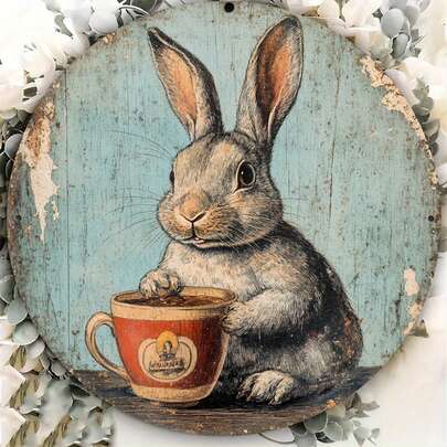 1pc Vintage Rabbit & Coffee Metal Tin Sign - Retro Round 8x8 Inch Wall Art, Rustic Green Background With Cute Rabbit & Coffee Cup Design, Easter Home Decor Suitable For Rabbit Lovers, Unique Gift For Girls, Playful Room Accent | Nostalgic Decoration | Detailed Illustration, 2D Flat Holes Randomly Placed
