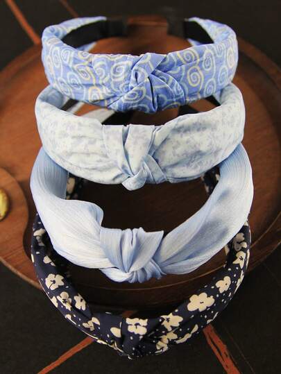4pcs Blue Floral Fabric Solid Color Non-Slip Headbands, Curved Design, Fashion Hair Accessories, Suitable For Daily Wear, Outdoor Activities, Washing Face, Makeup, Can Be Used As Casual Hair Accessories, Hair Styling Tools, Beauty Accessories, Curling Accessories