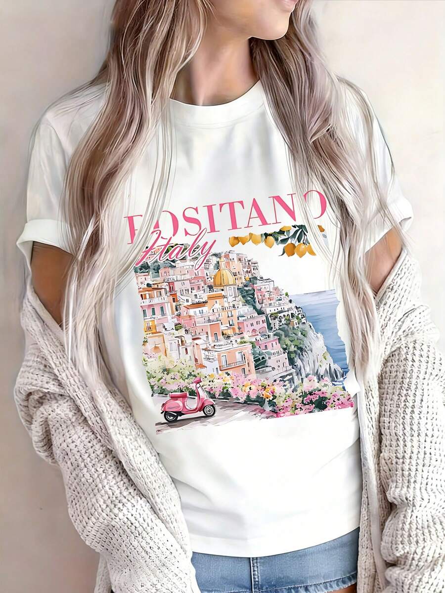 Positano Italy Coastal Town Print Women's Pure Cotton T-Shirt Watercolor Art Style Summer Vacation Travel Outfit Casual Beach Wear For Women  Fashion Top 2024 Summer Look - trắng - Xem 1