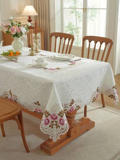 1 pieza Mantel bordado floral jacquard hueco hecho a mano, mantel rectangular/cuadrado de poliéster pastoral, adecuado para mesa de comedor, mesa de café, aparador, manteles individuales, decoración del hogar diaria y fiesta de boda