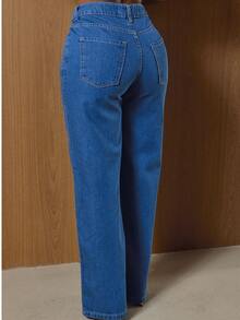 Calça Feminina Reta Mom Fit Confortável Bolsos funcionais Dia a Dia Escritório Escola Casual  Liberdade de Movimento Diário Moda Estilosa - Azul - Visão 4
