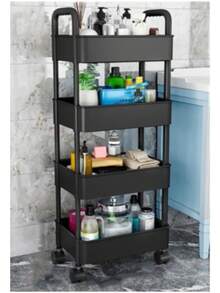 Carrito utilitario de plástico de 4 niveles con asa, carrito de almacenamiento multifuncional para oficina, sala de estar, cocina, organizador de almacenamiento móvil con ruedas 0803 - Negro - Ver 2