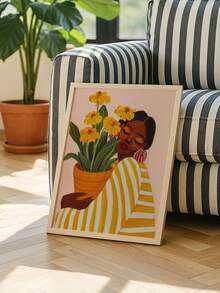 1pc Frameless Modern Floral Portrait Wall Art Decor Canvas Painting, Vibrant Female Figure With Yellow Flowers, Contemporary Home Decor - Figure - View 1