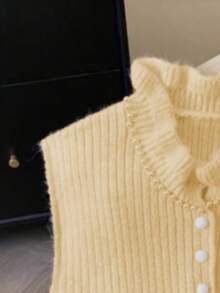 Women's Cream Yellow Ruffled Collar Knit Vest - With Buttons And Pockets, Suitable For St. Patrick's Day And Easter - Apricot - View 8