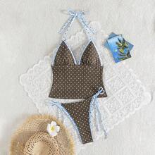 wohenmeili 2026 女士波点印花吊带背心式泳衣套装 度假沙滩夏季 - 天藍底棕點 - 查看 5