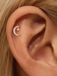 1件925纯银浪漫星月立方氧化锆耳钉，平底耳骨耳廓穿孔，低过敏性纯银材质，适合女性日常佩戴、婚礼、派对和宴会等场合。 - 金色 - 查看 3