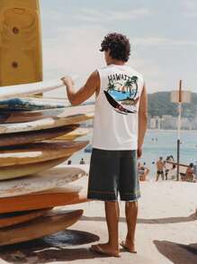 Open Phase Camiseta de tirantes casual de cuello redondo para hombres con estampado de árboles de coco y surf, adecuada para vacaciones en la playa y uso diario, de verano a primavera - Blanco - Ver 2