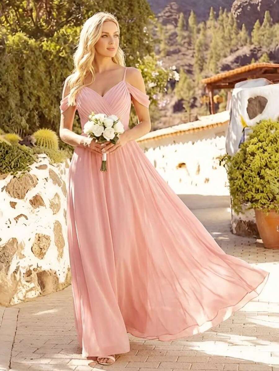 EVERPRETTY Elegant Solid Color V-Neck Ruched Blush Pink Bridesmaid Dress, Suitable For Weddings, Birthdays, Formal Occasions, Parties Spring