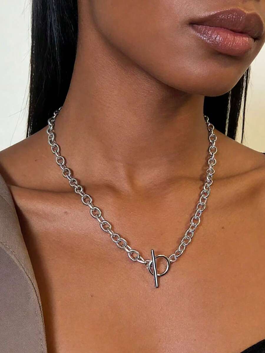1 pieza Collar de acero inoxidable con cierre de eslabón único de moda, minimalista y versátil para uso diario casual, uso en fiestas, regalo para vacaciones de las mujeres - Plateado - Ver 1