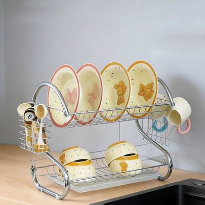 1 stuk dubbellaags metalen afdruiprek voor op het bureau, enkel- of dubbellaags droogrek voor servies, met bestekhouder en lekbak, bespaart kastruimte, kan gebruikt worden als woondecoratie, geschikt voor op het aanrecht, keukenaccessoire.