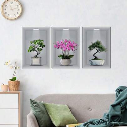3 piezas Adhesivos de pared con diseño de flor plana 2D | Juego de 3 hojas de adhesivos de pared impresos autoadhesivos, adecuados para salas de estar, dormitorios, cocinas, baños y otras decoraciones del hogar, hechos de plástico, estilo contemporáneo